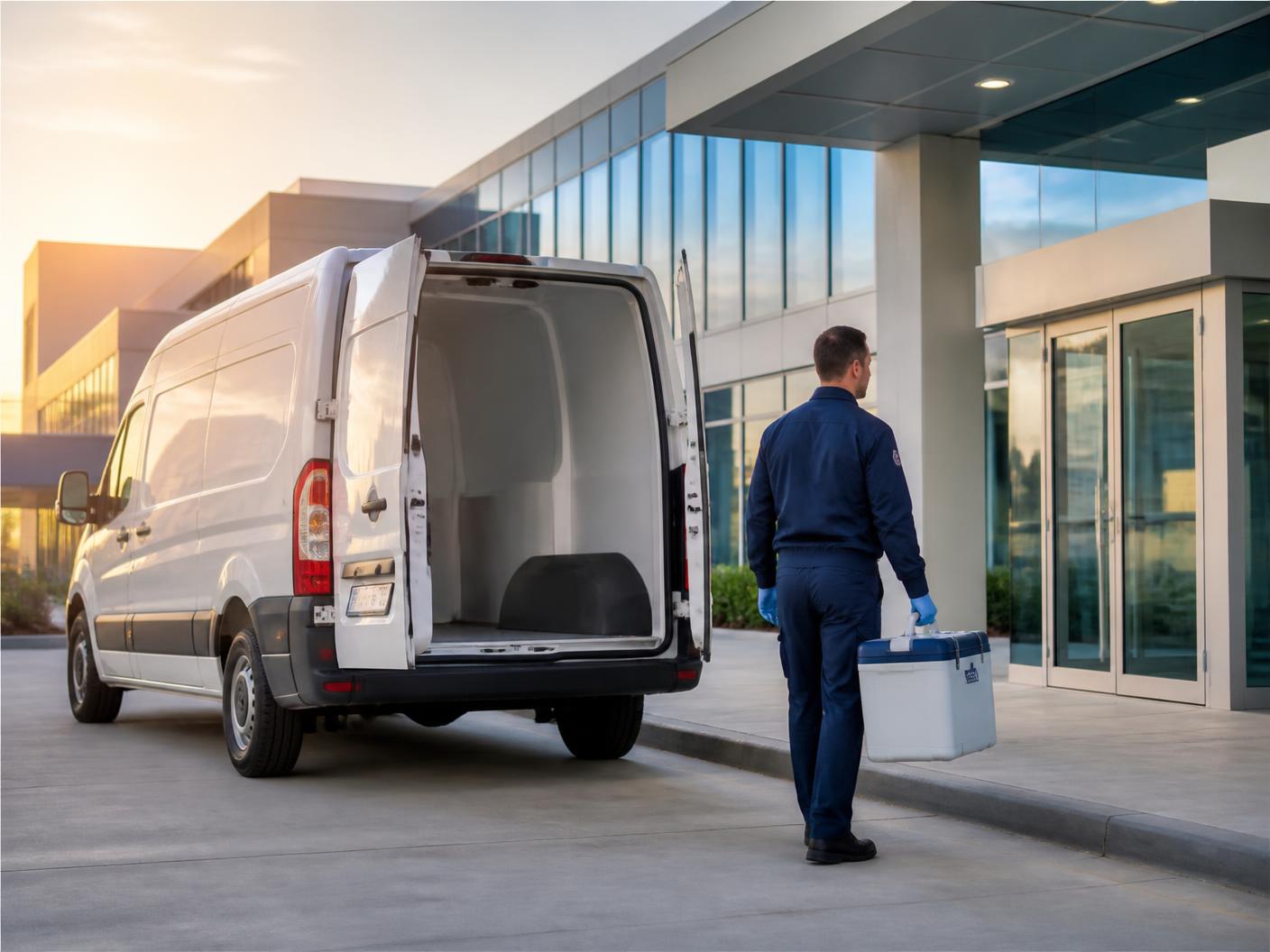 Courier in uniform carrying a secure medical transport case to a healthcare facility